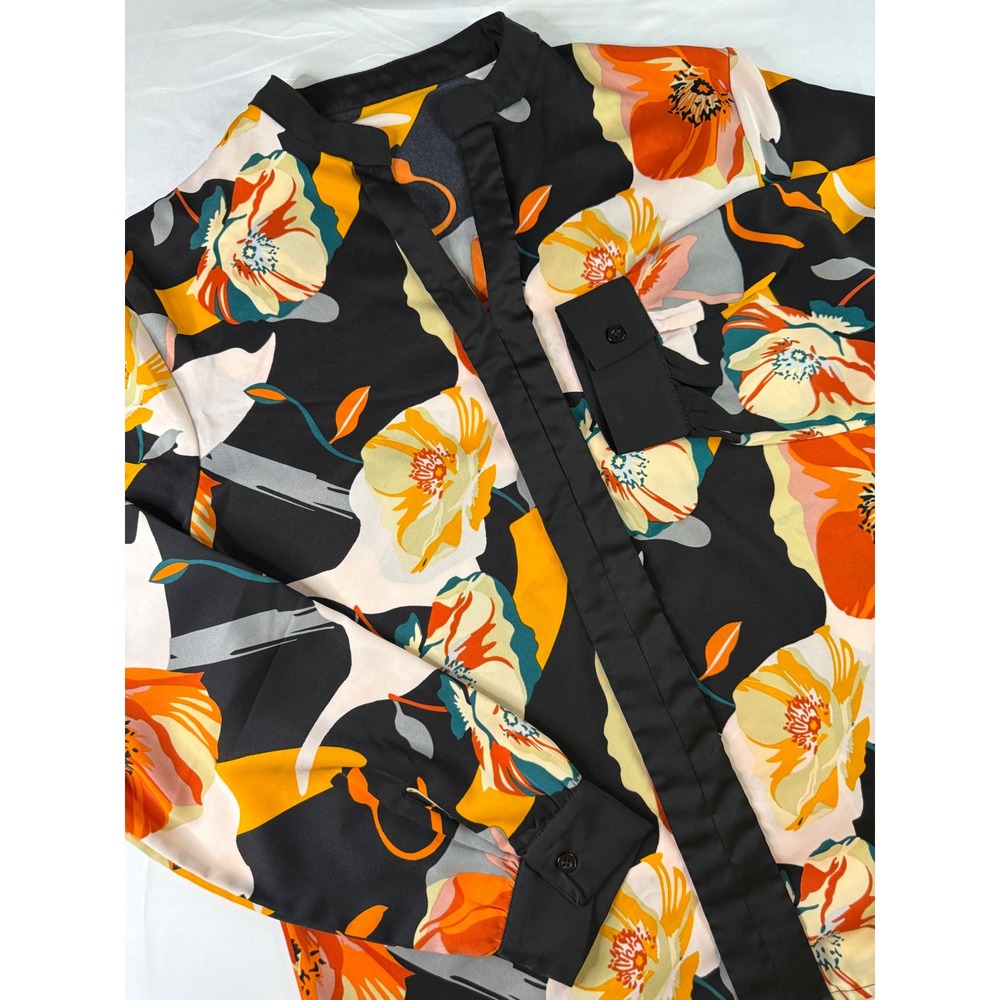 Floral Split V-Neck Blouse Black Orange Yellow Long Sleeve Poppy Print Top